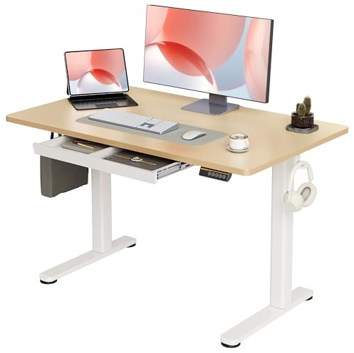 Claiks Höhenverstellbarer Schreibtisch 120x60cm mit Schublade, 80kg Tragkraft Elektrisch Schreibtisch Höhenverstellbar mit 3-Funktions-Memory und 2 Kopfhörerhaken, Standing Desk with Drawer, Beige