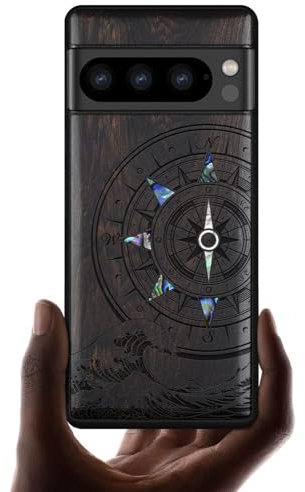 Carveit Designer Wooden Case for Google Pixel 8 Pro Case Cover [Wood Engraving & Shell Inlay] Compatible with Wireless Chargers Pixel 8 Pro Case (Wave Compass-Blackwood)