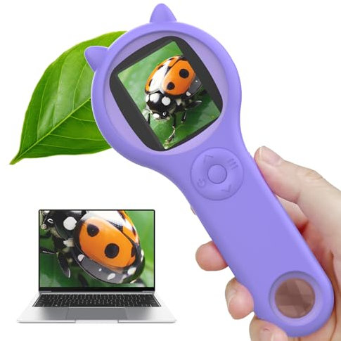 Microscopio per Bambini 200X - 2 Pollici Portatile Con 8 LED Regolabili, Digitale Con Registrazione Foto e Video, Regalo di Natale per 3-12 Anni (Viola)