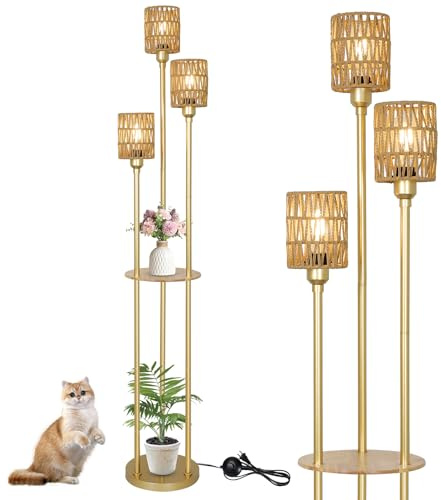 Rayofly Lampadaire Or Salon à 3 Flammes Avec Étagère, Abat-jour en Rotin & Interrupteur à Pied - Moderne Boho Pour Chambre, Bureau, Salon