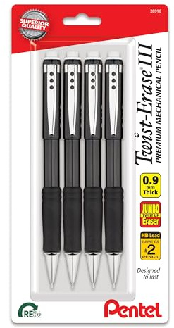 Pentel Twist-Erase III Mechanical Pencil, (0.9mm), Bold Line, Black Barrel, Pack of 4 (QE519BP4A)
