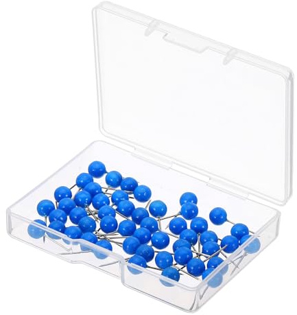 PATIKIL Reißzwecken 6 * 17mm 50Stk Polypropylen Rund Kopf Metall Spitze Dekorative Reißzwecken Kork Tafeln Karten Bilder für Aufhängen mit Aufbewahrungs Box für Zuhause Büro Marineblau Blau