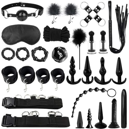 GKLWEJ Set bondage sessuale BDSM 26 pezzi giocattoli sessuali per coppie sesso estremo, girocollo plug anale ventosa per capezzoli manette letto sessuale vibratore anale anello per il pene