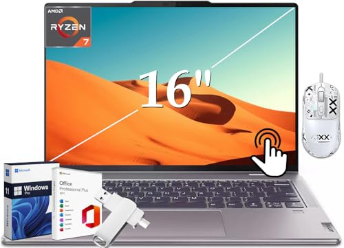 Lenovo Yoga 7 2-in-1 Touchscreen Laptop, 16 2K IPS, AMD Ryzen 7 8840HS(Beats i7-13620H), 16 GB RAM, 1 TB SSD, FHD Webcam, Backlit Keyboard, Win11 Pro & Office Pro Lifetime License, Patented Mouse