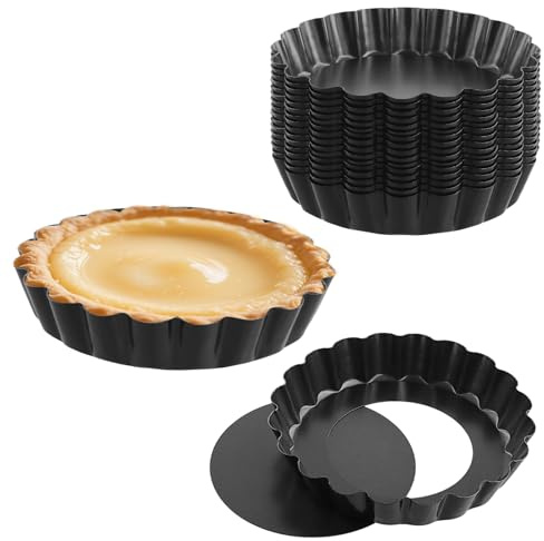 KEILEOHO 24 mini moldes para quiche de 4 pulgadas, molde pequeño de 10 cm, molde individual para tartas con base suelta para hornear, cocinar, color negro