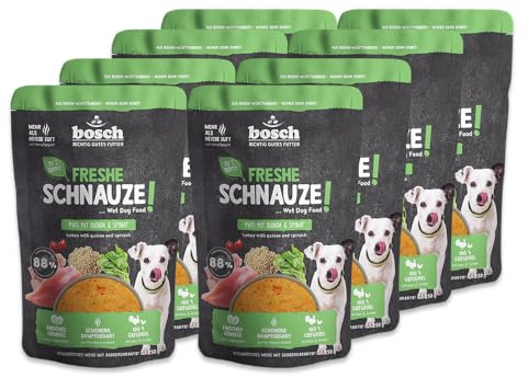 Bosch Freshe Schnauze, kalkon med Quinoa och spenat 8 x 250 g, mild ångkokt våtfoder för hundar, komplett foder med hög kötthalt, 8 x 250 g hundmat