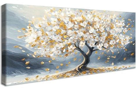 Cadre en Bois Impression sur Toile Arbre De Vie Fleurs Blanche Tableau Peinture Poster Mural Moderne Gris Or Image sur Toile Grandes Tableau Decoration Murale Salon Chambre Restaurant 50x120cm