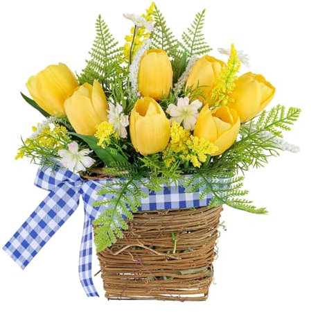Colcolo Tulip Door Hanger Basket,Wall Hanging Flowers with Basket,Spring Ornament Artificial Flower Plant Wreath for Garden Wedding
