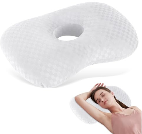 Almohada para Dormir de Lado, 44x32x8cm, Almohada Piercing con Agujero 10cm, Almohada Donut Cojín Ergonómica Extraíble, Mayor Altura de Relleno, Cuidado de Piercings para Aliviar Dolor Oído (Blanco)