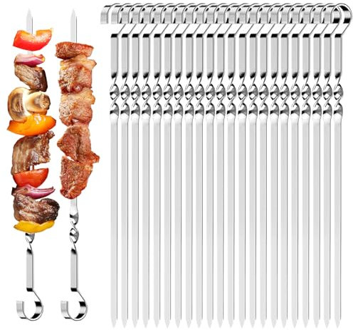 Ayizhiniu 24pcs Pinchos para Brochetas, Pinchos Brochetas Acero Inoxidable, 30cm Pinchos Bbq+2 Cepillar, Brochetas Reutilizable, Aplica a Carne Verduras Parrilla Brochetas