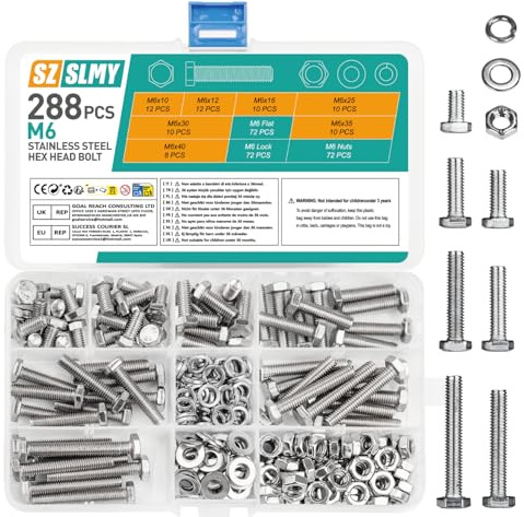 288 Pcs M6 Bolts and Nuts Set, Flat Hex,Metric Assorted Nuts and Assortment, Outer Hexagon Screws and Flat Washers & Lock Washers, Bike Bolts