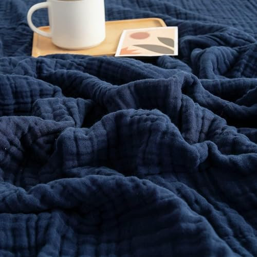 HAXQL Coperta in mussola di cotone, per adulti, estiva, traspirante, copriletto, biancheria da letto per dormire con ghiaccio e freddo, per dormire (blu scuro, queen size (150 x 200 cm)