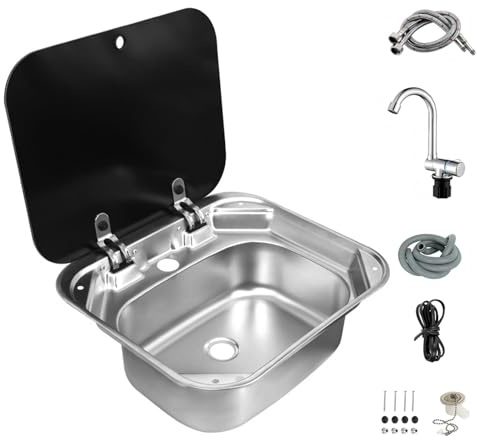 Campervan Sink, Portable RV Sink with Lid | Stainless Steel Single Bowl Hand Wash Basin with Foldable Faucet for RV Caravan Camper Kitchen