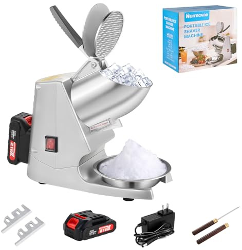 Hurmovae Portable Cordless Ice Shaver Machine, 178Ibs/h Dual Blade & Single Battery | 180W Battery Powered Ice Crusher Machine for Home Use &Outdoor (Backyard & Patio), Extra Blades & Ice Pick, Silver