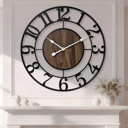Tixmtry Große Wanduhr 50cm Durchmesser Vintage Design Schwarz Metall Dekorative Ohne Tickgeräusche Moderne Holz Wanduhr für Wohnzimmer, Landhaus, Schlafzimmer, Kamin, Küche, Büro & Wohnaccessoire