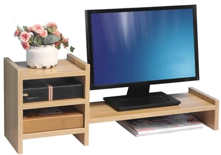 Skrivbordshylla Trä Platssparande Monitorstativ Stor Öppna Fack Kontor Skrivbordshylla Organiserare Stark Bärförmåga för Hemma Arbetsrum, Sovsal(Natural)