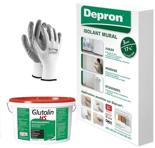 DEPRON Pannelli Isolanti 3 mm (125×80 cm) – Confezione 40 m² + Colla Glutolin 8 kg | Isolamento Termico e Acustico per Pareti e Soffitti | 1 paio di guanti in nitrile HYTAMA TOOLS