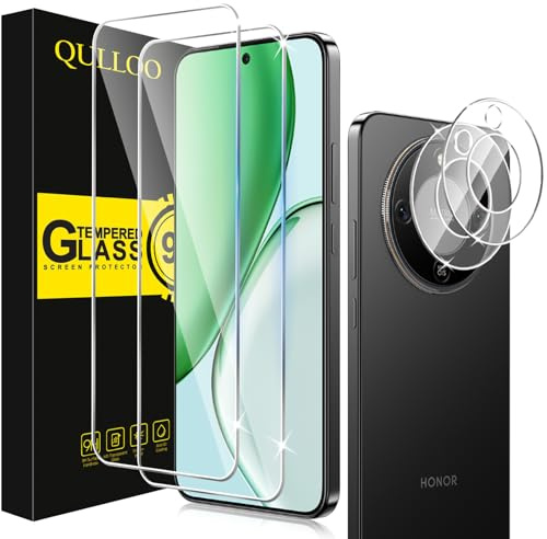 QULLOO Protector de Pantalla para Honor Magic 8 Lite, 2 Piezas Cristal Templado y 2 Piezas Protector de Lente de Cámara para Honor Magic8 Lite, Dureza 9H Ultra Resistente Vidrio Templado