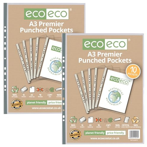 eco-eco eco013x2 A3 Hochformat, 100% recycelt, mehrfach gelocht, glasklar, transparent, Poly-Brieftasche, 20 Hüllen, 90 Mikrometer (2 Stück mit 10 Stück), eco013x2
