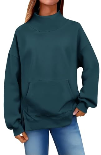 Générique Casual tröjor - tröja dam utan huva tröja ren färg toppar långa ärmar toppar polokrage tröja med två fickor tröja vår höst toppar fritid tröja, Marin, L