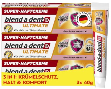 Blend-a-dent Ultimate Haftcreme, 3x 40g | 3in1 für Zahnprothesen: Krümelschutz, Starker Halt Und Komfort, Geschmacksneutral
