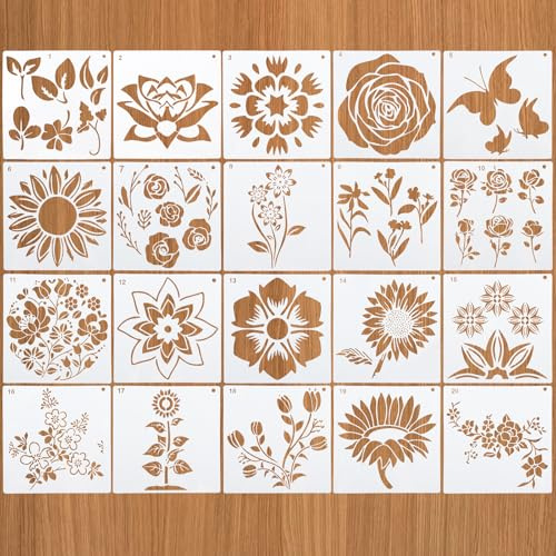 DRADERCH 20 Piezas Plantillas de Flores, Plantilla para Pintar 15x15cm, Plantillas Reutilizables con Diseños de Flores, Hojas y Mariposas para Manualidades DIY, Paredes, Madera, Scrapbooking, Lienzo
