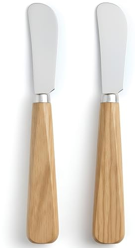 LacusMare Butter Knife Set of 2 - Premium Oak Wooden Butter Knife & Butter Spreader - Stainless Steel Easy Spread Blade for Cold Butter, Jam, Cheese & Charcuterie Board (17cm)
