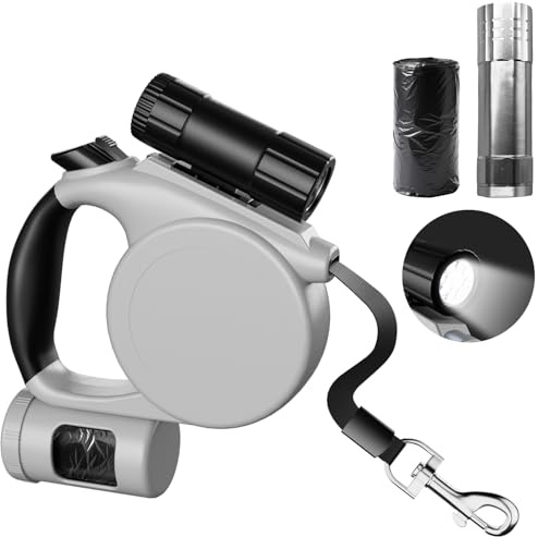 Pawinner Utdragbart hundkoppel 5 m med LED-ljus och bajspåsar, justerbart rullkoppel för små medelstora hundar upp till 20 kg, bogserkoppel med halkfritt handtag, för promenader, jogging och