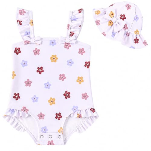 Bañador Bebé Protección Solar UPF 50+, 0-3 Añosraje De Baño Una Pieza para Niña con Gorro, Tejido Elástico Estampado Fresa & Flores, Playa y Piscina Verano White Flower-6-12M