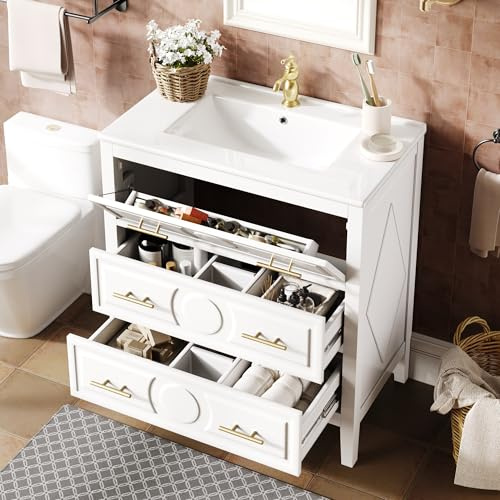 luckdect Meuble-Lavabo de avec Vasque 81cm,Meuble Salle de Bain Rangement Moderne sur Pieds avec 3 Tiroirs,PoignéEs DoréEs,Rétro,Robinet et Bonde Non Inclus