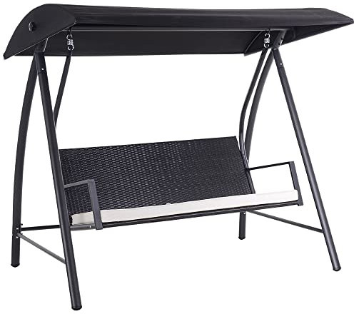 Outsunny Hollywoodschaukel 3-Sitzer aus Polyrattan Gartenschaukel mit verstellbar Sonnendach Sonnenschutz Sitzkissen Hängebank bis 360 kg belastbar Hängeschaukel für Garten 198x124x179cm Schwarz