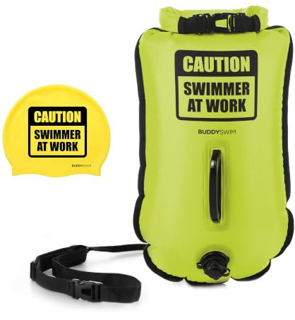 BUDDYSWIM Set Bouée de Natation en Eau Libre 20 litres et Bonnet de Bain. Pochette Etanche pour la Natation en Eau Libre avec Sac Impermeable Etanche et Bonnet de Bain en Silicone. Couleur Jaune.