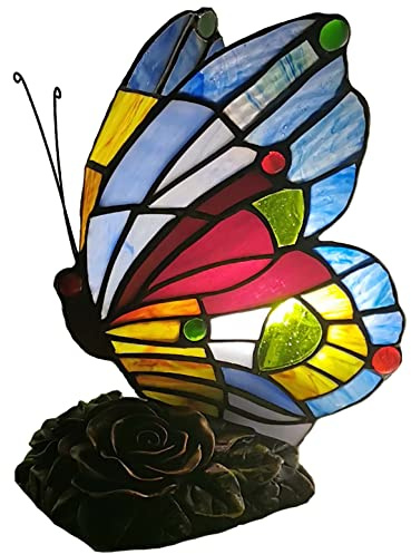 Bieye L30042US Tischlampe mit Schmetterlingsmotiv im Tiffany-Stil, Buntglas-Akzent-Tischlampe für Nachttisch, Schlafzimmer, Wohnzimmer, Couchtisch, Blau/Rot, 20,3 cm