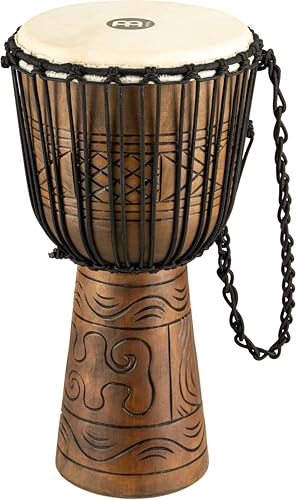 Meinl HDJ17-L Headliner Djembe 12 Artifact Series | Handgeschnitzter Korpus, Höhe 24 Zoll, Durchmesser 12 Zoll, mit Nylonseilen, Ziegenfell, Mahagoni