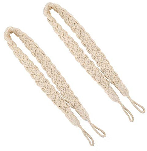 2 PCS Curtain Rope Tiebacks Natural Cotton Hand Knitting Curtains Tied Rope Tie Backs Decorative Beige Boho Braided Drapery Drape Holdbacks Curtain Ties Buckle Cord