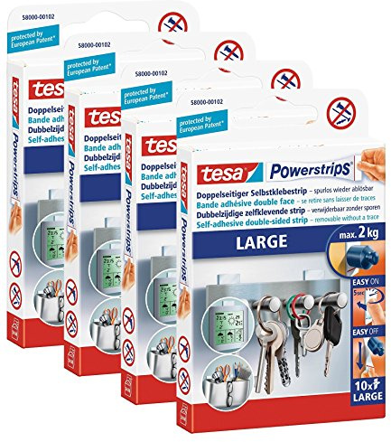 Tesa Powerstrips (large, bandes adhésives double face pour le montage d'objets sur des surfaces lisses, jusqu'à 2 kg de puissance) (4, L)
