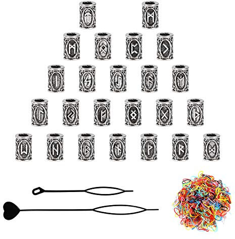 QH-Shop 24 Stücke Haar Bart Perlen Wikinger Runen Bartperlen 2 Stücke Pull Haarnadel Quick Beader und 2000 Stücke Gummibänder