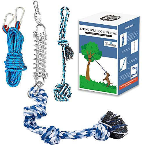 Spring Pole Dog Rope Toys: Dog Rope Pull & Tug of War Toy with a Big Spring Pole Kit & 2 Strong Dog Rope Toys & 16ft Rope - Muscle Builder Interactive Dog Toy for Pitbull Medium to Large Dog