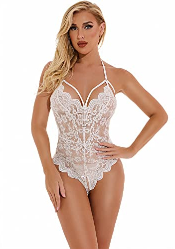 Evelife Kvinnor sexiga underkläder, spetsbodysuit, one-piece teddyunderkläder, transparent djup V-bodysuit, Vitt, XL