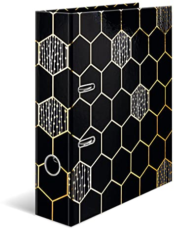 HERMA Ordner A4 Schwarz Gold Set, 5 Stück, 7 cm breit, Kinder Ringordner mit Edel Muster, bunter Aktenordner mit glänzender Veredelung für Jungen und Mädchen
