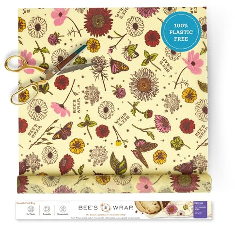 Bee's Wrap Vegan Beeswax Wraps for Food - Cut to Size 14x52 Beeswax Wrap Roll - Plastic Free Made in USA Reusable Natural Food Wrap - Meadow Magic