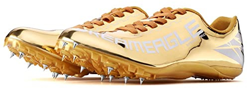 BLBK Spikes Atletismo 8 uñas Unisex Zapatos de atletismo antideslizantes juveniles con clavos y Sprint Hombre Mujer y Niños, dorado, 35 EU