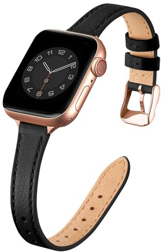 Lederarmband Kompatibel mit Apple Watch Armband 42mm(Series 3 2 1) 44mm 45mm 46mm,Damen Dünnes Ersatzband,Schlank Armbänder für iwatch Series 11/10/9/8/7/6/5/4/3/2/1,SE 1-3(Schwarz&Roségold)
