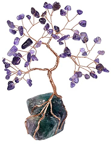 KYEYGWO Amethyst Heilung Kristall Geldbaum auf Natürlichen Fluorite Rohstein Base, Feng Shui Bonsai Baum Kristallbaum Figuren Stein Ornament Edelsteinbaum Haus Deko für Glück, Reichtum