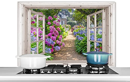 MuchoWow Credence Hortensia - Transparent - Fleurs - Été - Mauve - Chemin Fond de hotte 100x65 cm Credence Aluminium Plaque INOX de Cuisine