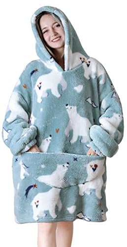 Queenshin Felpa Coperta Indossabile con Cappuccio Donna e Uomo, Oversize Coperta Plaid con Maniche Poncho in Pile Sherpa Morbida e Calda