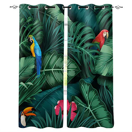 DONGSHAN Verdunklungsvorhänge Vorhang Gardnien Blickdicht mit Ösen für Schlafzimmer Kinderzimmer, Thermogardinen Fenstervorhang Dekorative, 2er Set 260x140 cm (HxB) Papagei Palmblatt
