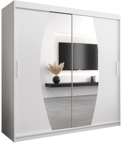 ABIKSMEBLE Elypse 200 Armoire à deux portes coulissantes pour chambre à coucher – Armoire moderne avec miroir, porte-manteau et étagères – 200 x 200 x 62 cm – Blanc mat