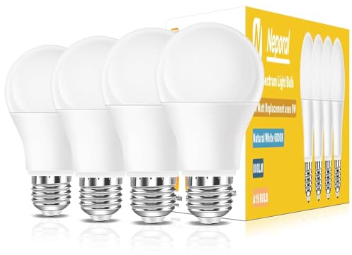 Full Spectrum Light Bulb, 6000K Natural Sunlight Bulbs, 9W 60W Equivalent LED Light Bulb, Natural Light Bulbs A19, E26/E27, 4 Pack