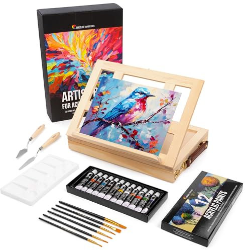 Cavalletto Pittura, Set di 22 Pezzi di Pittura Acrilica con Cavalletto da Tavolo, 12 Colori di Acrilici, 6 Pennelli per Pittura, Tela, 2 Spatole e Tavolozza